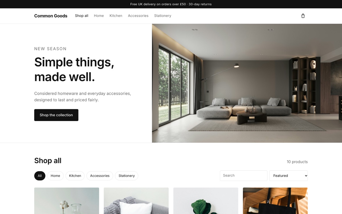 Common Goods online store homepage