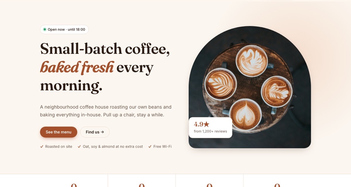 Ember & Bean coffee shop website homepage